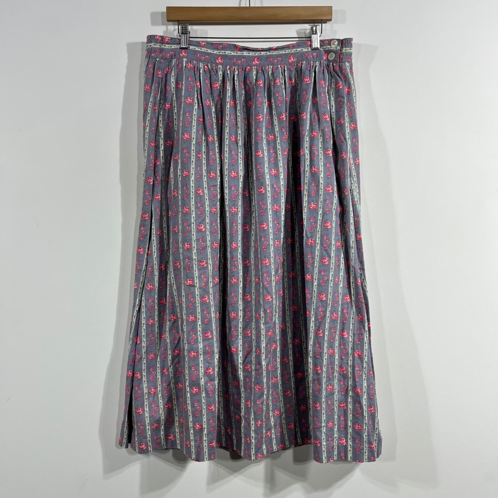Cambridge 90s Vintage Cottagecore Floral Stripe Cotton Midi Skirt Sz 14 Prairie